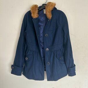 Tulle Anthropologie Wool Brown Faux Fur Trim Hood Long Blue Coat Size Medium